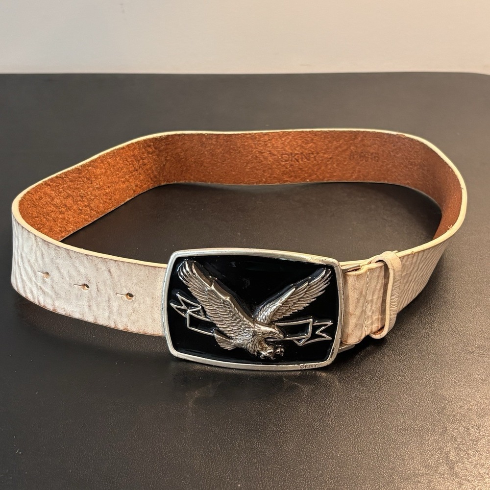 DKNY White Leather Belt With Eagle Belt Buckle Size Small 38" Western Cowboy